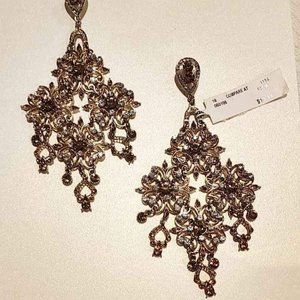 Natasha Gold & Brown Rhinestone Chandelier Earring NWT